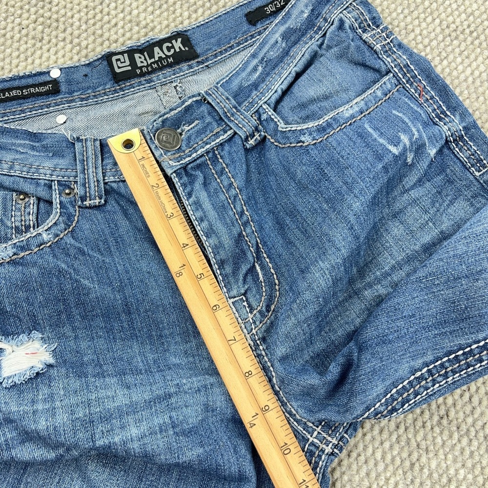 CJ Black Jeans Men 30x32 Relaxed Straight Flap Pockets Embroidered Med Wash Fade - Picture 14 of 16
